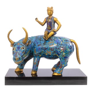 Vintage Chinese Cloisonne Bull Sculpture With Sitting Figure - Asian Collectables For Sale
