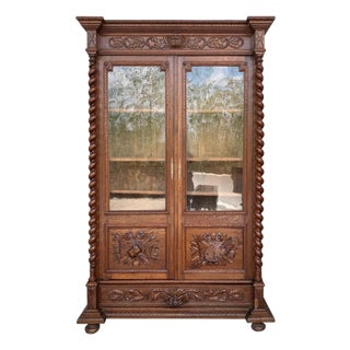 Antique French Carved Oak Vitrine Cabinet Bookcase Barley Twist Renaissance For Sale