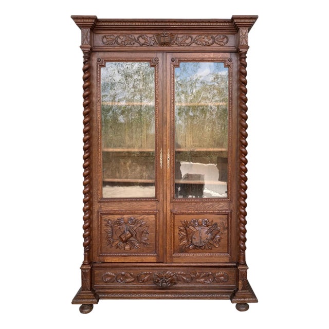 Antique French Carved Oak Vitrine Cabinet Bookcase Barley Twist Renaissance For Sale