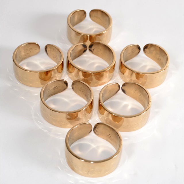 Mid-Century Modern Mid-Century Modern Hammered Bronze Polished Round Napkin Rings- Set of 7 For Sale - Image 3 of 12