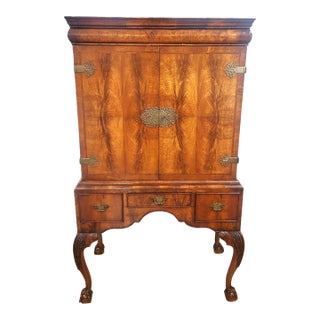 Antique English Queen Anne Walnut Cabinet on Stand Mirrored Cocktail Bar Chest For Sale