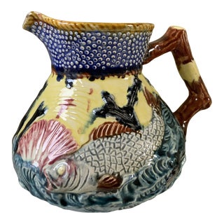 Antique English Majolica Shell & Fish Pitcher by Shorter Large For Sale