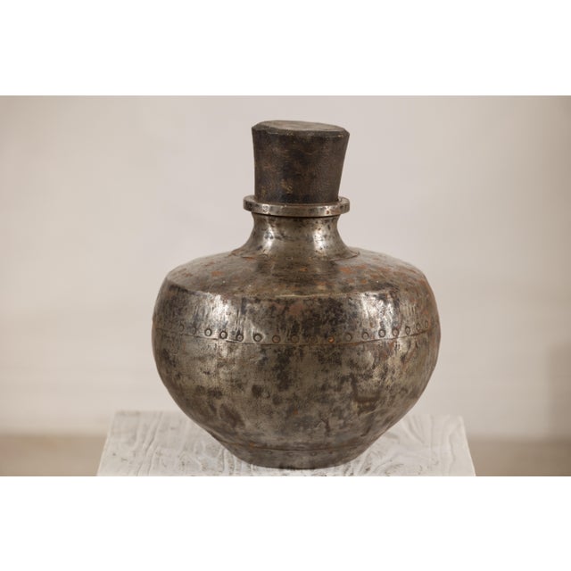 Vintage Indian Hammered Metal Water Vessel with Wooden Stopper For Sale - Image 12 of 13