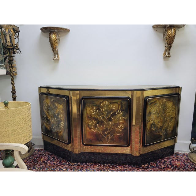 Bernhard Rohne for Mastercraft Postmodern Canted Brass & Black Lacquer "Tree of Life" Credenza Console, Circa 1980 A rare...
