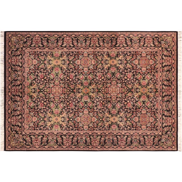 Black Intricate Floral Pak-Persian Black/Red Wool Rug - 6'1'' X 9'4'' For Sale - Image 8 of 9