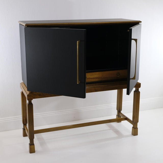 Swedish Art Deco Bar Cabinet in Beech and Black Faux Leather with Brass Handles, 1930s For Sale - Image 6 of 11
