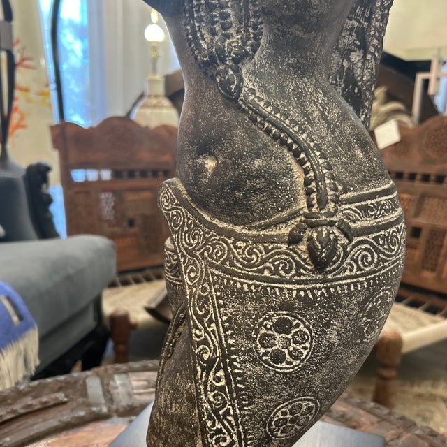 1970s Solid Stone Asian Deity Goddess Sculpture Mounted on Thick Mahogany Wood Block For Sale - Image 4 of 7