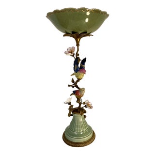 Vintage Mark Roberts Hand Painted Porcelain and Bronze Pedestal Vessel/Candle Holder For Sale