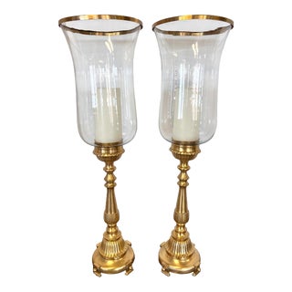 Pair of Tall Brass Candle Holders With Glass Hurricanes For Sale