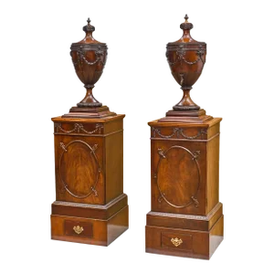 Pair of Late 20th Century Mahoghany George III Style Urns on Stands