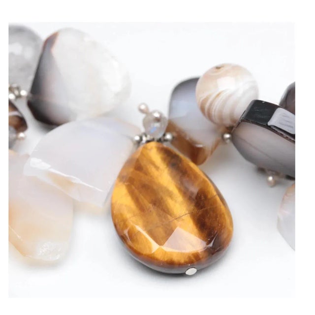 Designer Artisan AKR-Agate, Tiger's Eye & Sterling Silver Statement Necklace-Wearable Art For Sale In West Palm - Image 6 of 8