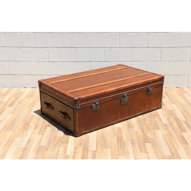 Restoration Hardware Vintage Leather Trunk Coffee Table | Campaign Style Storage Chest Cocktail Table For Sale - Image 9 of 18