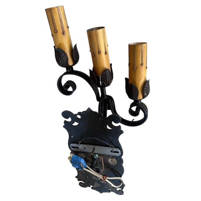 1920s 1920s Iron and Brass Old Painted Black Triple Candle Sconce in Stair Step Pattern - a Pair For Sale - Image 5 of 6