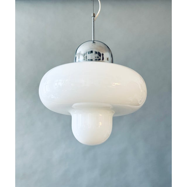Metal Italian Opal Glass and Chrome Pendant Lamp, 1970s For Sale - Image 7 of 8