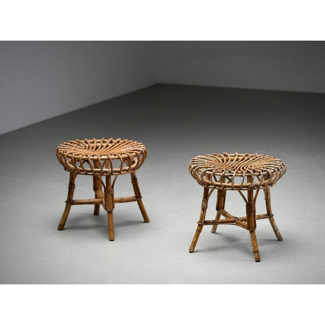 Rattan and Bamboo Round Ottomans by Franco Albini, 1960s, Set of 2 For Sale - Image 3 of 10