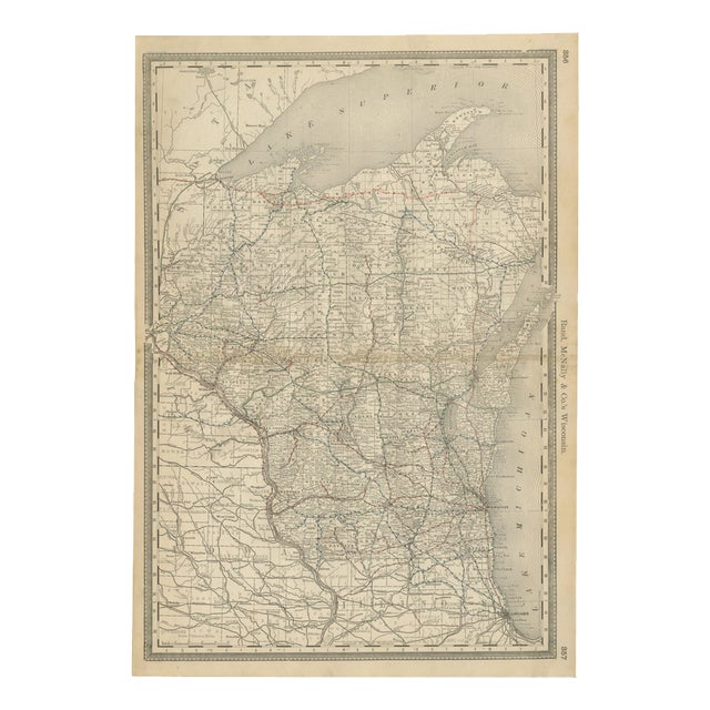 Antique Map of Wisconsin The Badger State with Railroads and Counties, 1888 For Sale