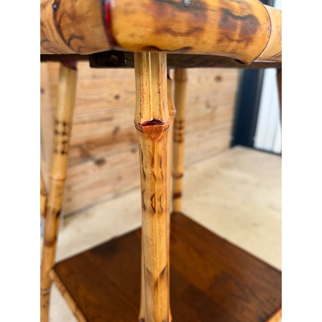Antique Scorched Bamboo Two-Tier Side Table With Wood Shelves For Sale - Image 4 of 12