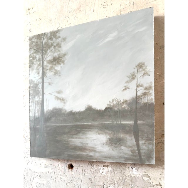 Original Landscape Painting on Custom Wood Panel, by Chelsea Fly. 17.5”W x 18”H, wired for installation. The sides of the...
