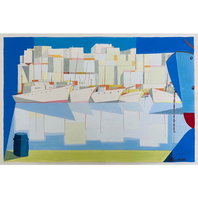 Jean David, Romanian Modernist Gouache Painting Of Buildings And Boats - Jean David For Sale
