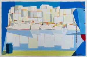 Jean David, Romanian Modernist Gouache Painting Of Buildings And Boats - Jean David