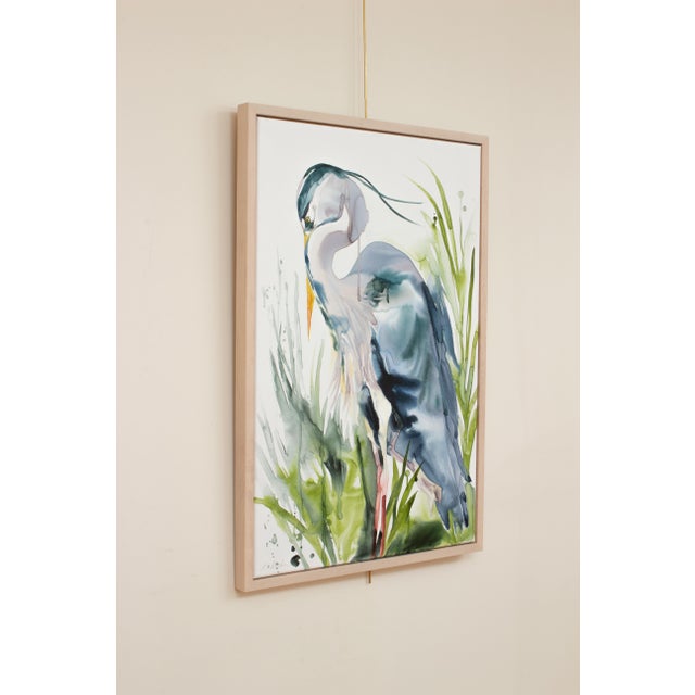 Modern "Heron No. 32" Contemporary Original Great Blue Heron Bird Watercolor Painting on Canvas With Floater Frame by Elizabeth Becker For Sale - Image 3 of 4