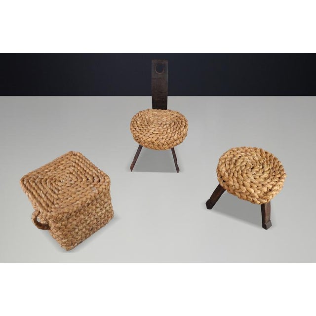 Wood Vintage French Rope Chair with Stool and Basket from Audoux Minet, 1960s, Set of 3 For Sale - Image 7 of 15