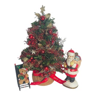 1960s 9” Christmas Tree With Porcelain Santa and Teddy Bear For Sale