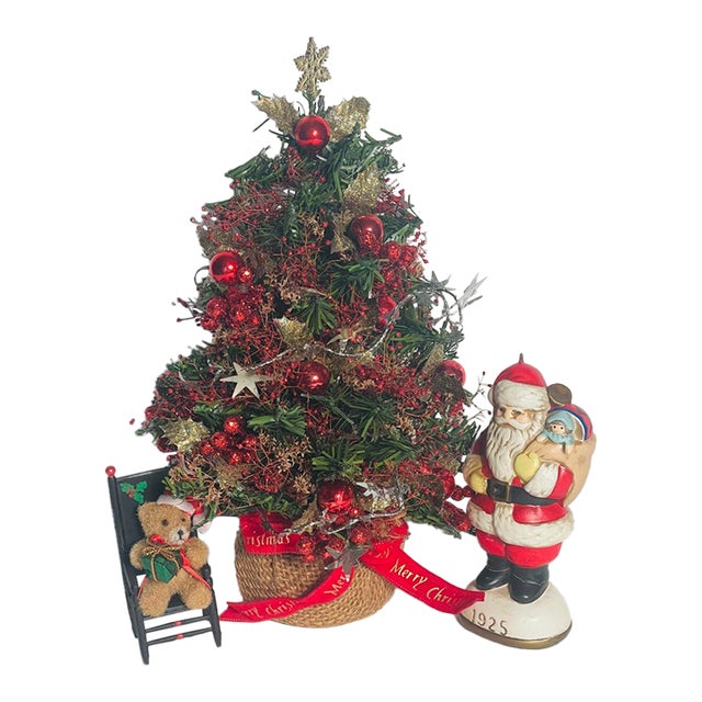 1960s 9” Christmas Tree With Porcelain Santa and Teddy Bear For Sale
