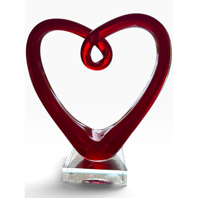 Mid-Century Modern Vintage Red Murano-Style Art Glass Heart Sculpture on Lucite Base For Sale - Image 3 of 6