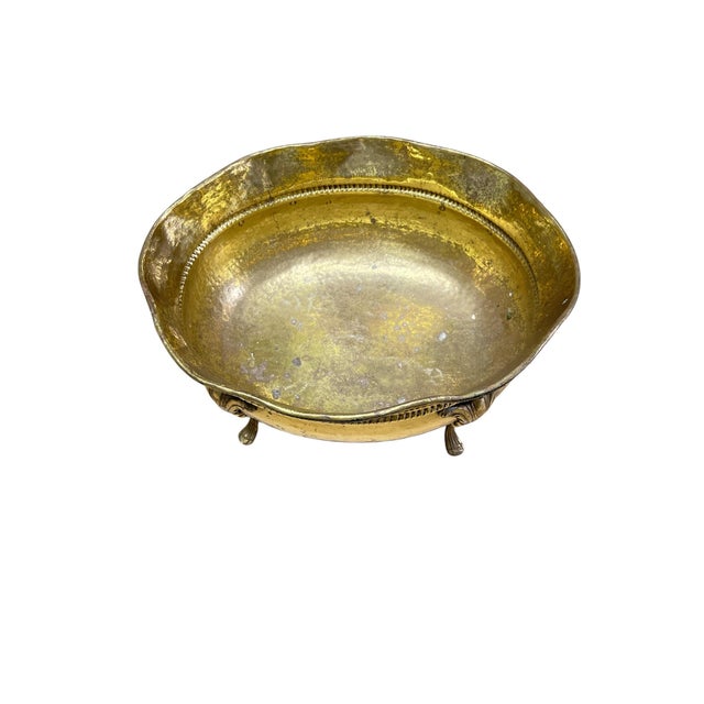 French Country Vintage Large Hand Hammered Footed Brass Cachepot For Sale - Image 3 of 6