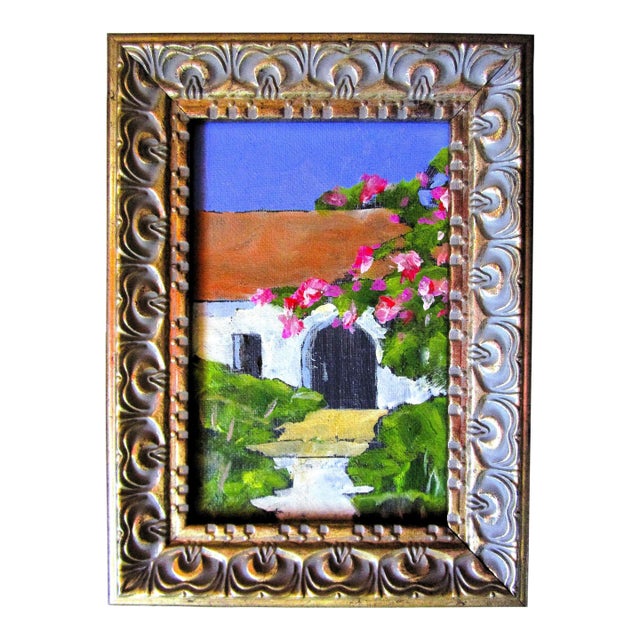 Framed Mission Garden Door Lynne French 4x6 Landscape Oil Painting For Sale