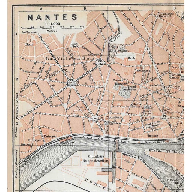 Antique French map of the city of Nantes in France.