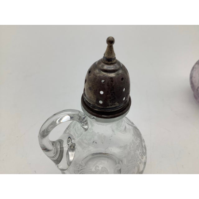 Antique Sterling Silver With Light Purple and Clear Salt and Pepper Shakers Set of 2. For Sale - Image 4 of 11