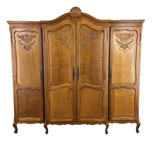Vintage French Louis XVI Style Carved Oak 4-Door Armoire