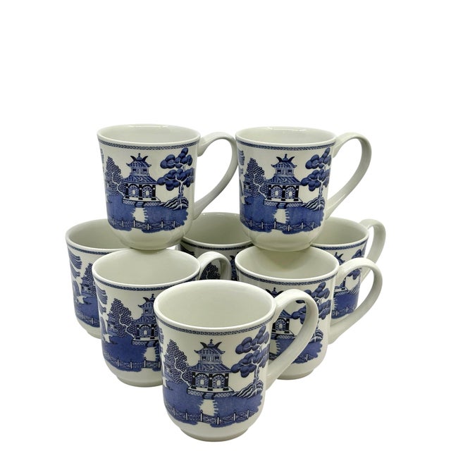 Blue Johnson's Brothers Blue Willow Chinoiserie Mugs Made in England -Set of 8 For Sale - Image 8 of 12