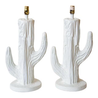 Vintage Plaster of Paris White Cactus Table Lamps Pair of Final Sale For Sale