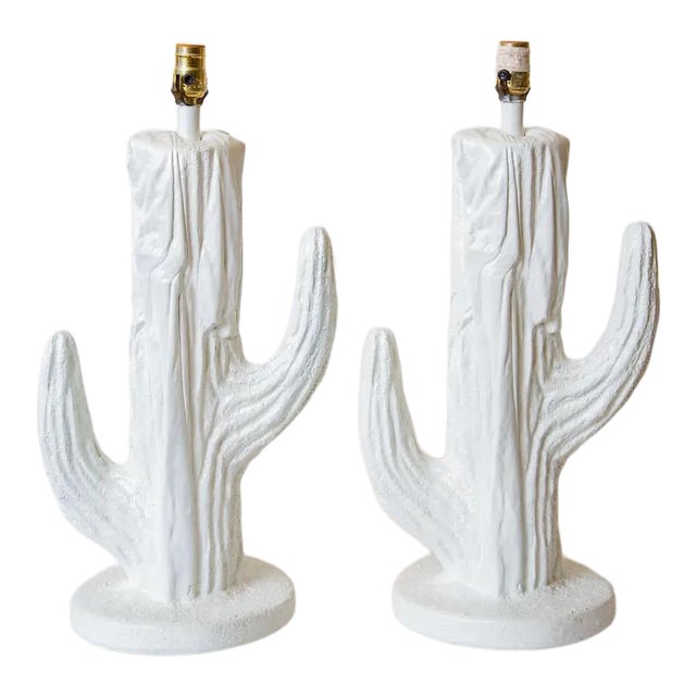 Vintage Plaster of Paris White Cactus Table Lamps Pair of Final Sale For Sale