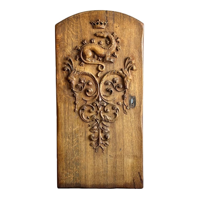 Vintage French Solid Oak Window Panel With Carved Crowned Dragon Motif For Sale