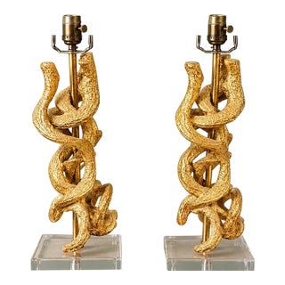 Modern Uttermost “Twisted Vines” Lamps, Model 27113-1—gold Leaf Sculptural Vines on Thick Crystal Bases - Pair For Sale