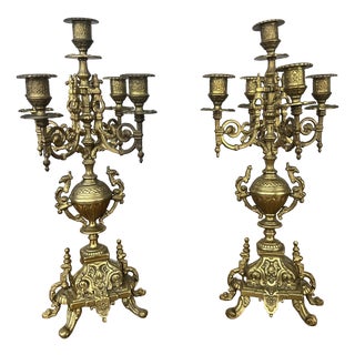 Vintage Brass 5-Arm Ornate Decorative Candleholders, Set of 2 For Sale