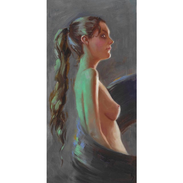 Whisked Away features a contemplative figure in profile, her long hair cascading gracefully down her back. The use of bold...