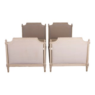 Antique French Louis XVI Style Painted Twinsize Bedframes W/ Beige Velvet - a Pair For Sale