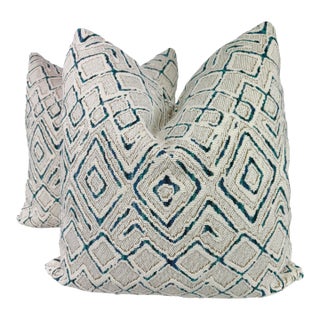 Geometric Epingle in White/Teal 22" Pillows-a Pair For Sale