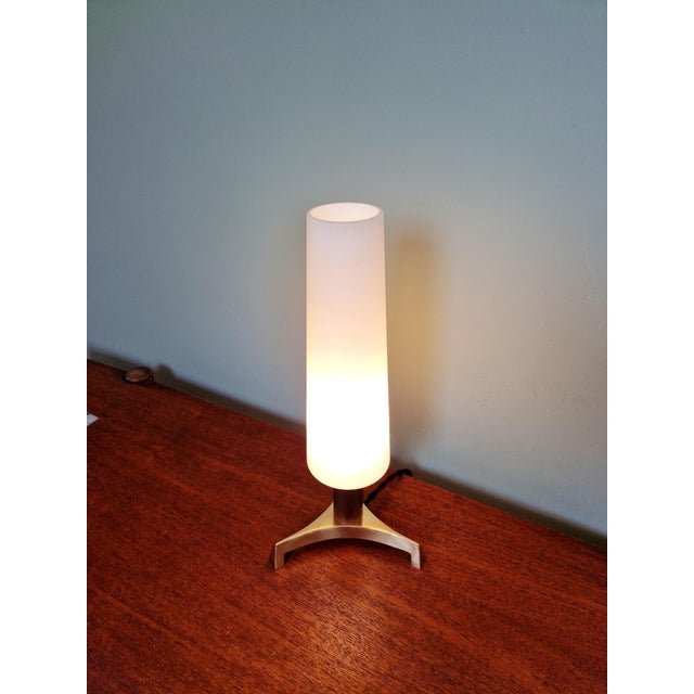 Scandinavian Tripod Table Lamp in Brass, Teak and White Satin Opaline Glass, 1960 For Sale - Image 10 of 15