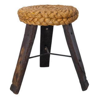 Three-Legged Round Stool in Oak, Iron & Straw from Audoux-Minnet, France, 1950s For Sale