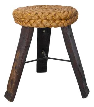Three-Legged Round Stool in Oak, Iron & Straw from Audoux-Minnet, France, 1950s