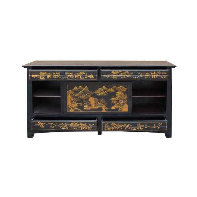 Chinese Fujian Golden Graphic Sideboard High Credenza Console Table TV Cabinet For Sale - Image 9 of 13
