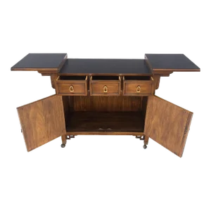 Flip Top Drop Brass Pulls 3 Drawers Two Door Compartment Server Cabinet on Wheel