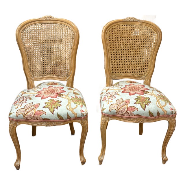 Pair Vintage Italian Rococo Wood and Cane Side Chairs For Sale