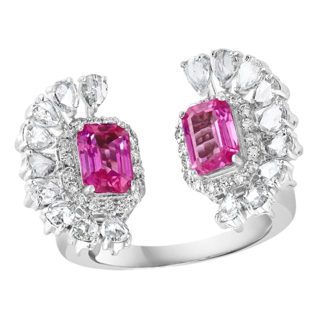 2.5 Ct Pink Emerald Cut Pink Sapphire & 2.8 Ct Diamond 18 Kt White Gold Ring S6 For Sale